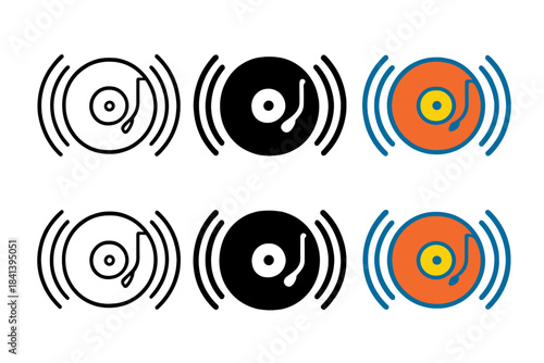 Vibrant Vinyl Variations. Vinyl record icon with sound waves radiating outward, first in line style with thin outline, second in