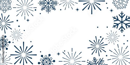 blue snowflake and firework border frame on a clean white background, minimal winter design perfect for Christmas and New Year invitations, greeting cards, party posters, web banners and holiday bra