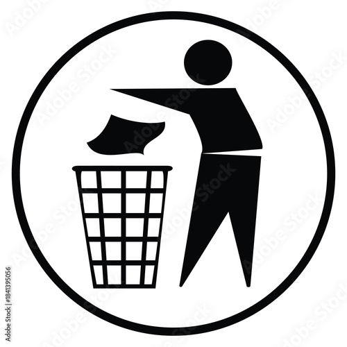 Trash Disposal Icon Clipart – Person Throwing Paper into Bin in Circular Black and White Design