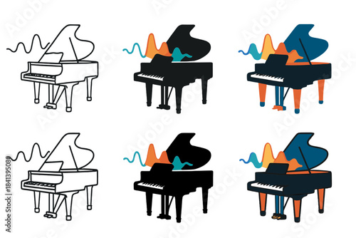 Grand Piano Art Styles. Grand piano side view with keys and visual music waves, first in line style with thin outline, second in
