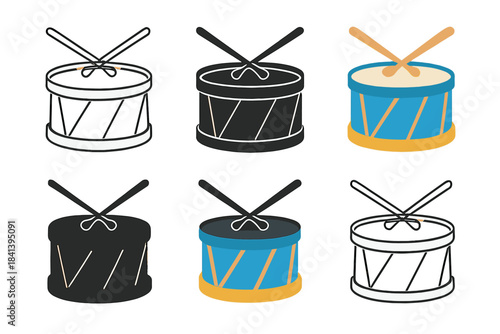 Snare Drum Styles. Snare drum with sticks creating beat patterns, first in line style with thin outline, second in solid style