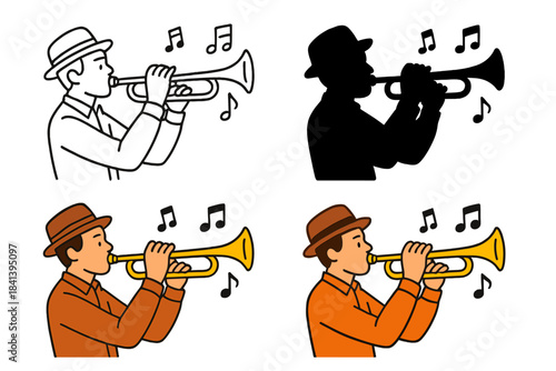 Colorful Trumpet Musician. Musician holding trumpet mid-blare with animated notes, first in line style with thin outline, second