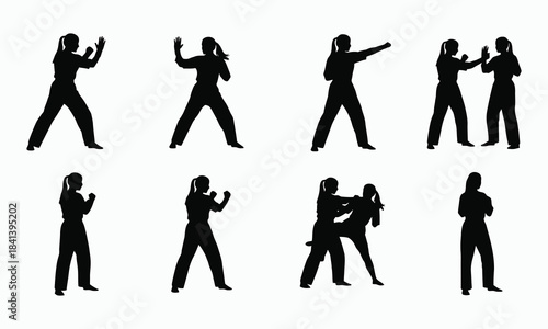 Silhouette collection of women practicing self defense techniques and martial arts poses