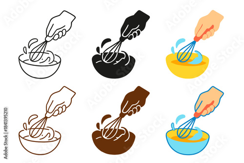 Whisking Egg Styles. Hand using whisk to whip eggs with animated froth motion, first in line style with thin outline, second in