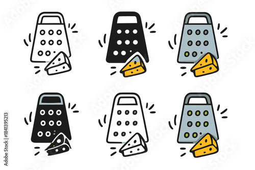 Grater Icon Styles. Grater icon with falling cheese and stylized motion and vibration lines, first in line style with thin outline