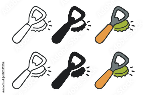 Bottle Opener Styles. Bottle opener icon prying off metal cap with motion lines, first in line style with thin outline, second in