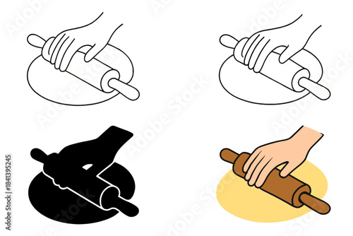 Rolling Dough Styles. Hand using rolling pin to spread dough evenly with arcs, first in line style with thin outline, second in