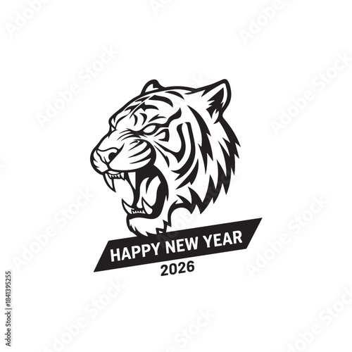 Happy New Year 2026! Roaring Tiger Head Mascot Vector Logo Black and White
