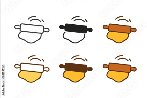 Rolling Pin Evolution. Rolling pin and dough icon with animated flattening motion and arcs, first in line style with thin outline,
