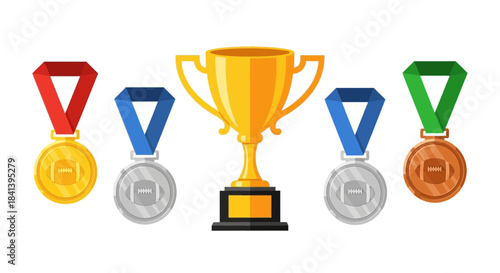 Golden trophy cup with gold silver and bronze medals for winners.