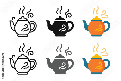Teapot Design Variations. Teapot icon with rising steam and animated aromatic lines swirling, first in line style with thin