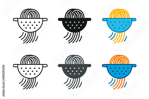 Stylized Spaghetti Draining. Colander with spaghetti noodles draining and motion arcs indicating flow, first in line style with