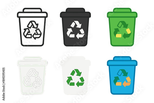 Diverse Recycling Arrows. Recycling bin with three arrow symbol looping first in line style with thin outline, second in solid
