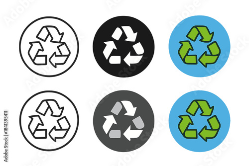 Recycling Badge Designs. Recycling sign placed inside circular badge first in line style with thin outline, second in solid style