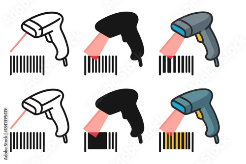 Barcode Scanner Styles. Handheld scanner shining red beam on barcode first in line style with thin outline, second in solid style
