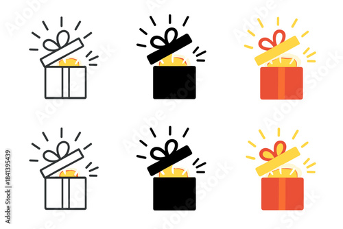 Gift Box Evolution. Gift box with lid slightly lifted showing glow first in line style with thin outline, second in solid style