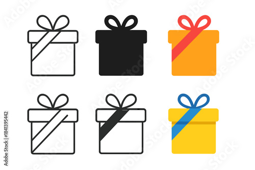 Multistyle Gift Box Designs. Present box with diagonal ribbon crossing the lid first in line style with thin outline, second in