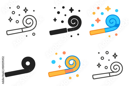 Colorful Party Blowers. Party blower unrolled with confetti around it first in line style with thin outline, second in solid style