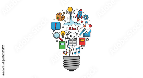 Creative Idea Lightbulb Filled with Colorful Doodle Icons.