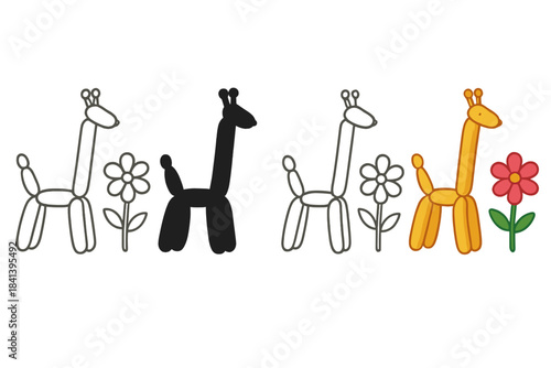 Balloon Giraffe and Flowers. Balloon giraffe standing beside balloon flowers first in line style with thin outline, second in