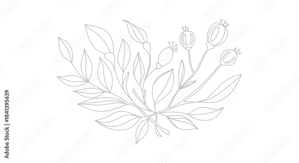 Fototapeta premium Elegant Botanical Line Art Drawing of Delicate Floral Arrangement.