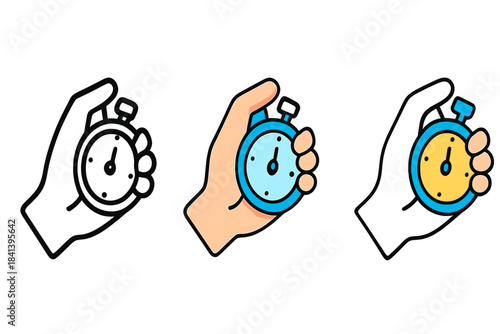 Colorful Stopwatch Styles. Hand holding stopwatch pressing top button first in line style with thin outline, second in solid style