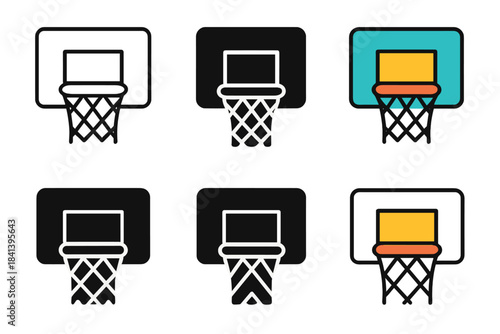 Basketball Hoop Styles. Hoop and net mounted on glass backboard first in line style with thin outline, second in solid style