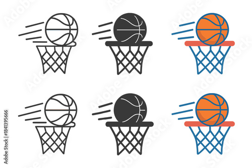 Ball's Dynamic Journey. Ball going through net leaving motion lines first in line style with thin outline, second in solid style