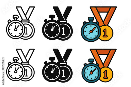 Stopwatch and Medal Styles. Stopwatch and medal placed together after race first in line style with thin outline, second in solid