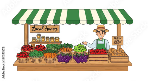 Local Farmers Market Stall with Fresh Produce and Vendor.