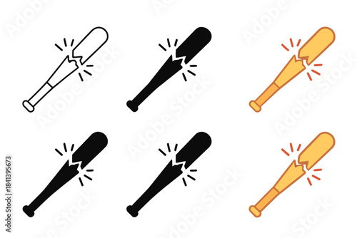 Cracked Bat Evolution. Cracked bat breaking after powerful strike first in line style with thin outline, second in solid style