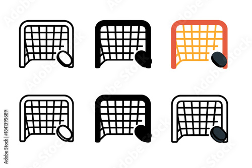 Hockey Goal Evolution. Hockey goal net with puck entering corner first in line style with thin outline, second in solid style