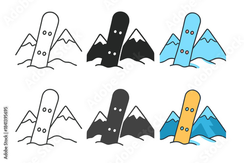 Snowboard in Snowy Peaks. Snowboard resting upright in deep snow with peaks behind first in line style with thin outline, second