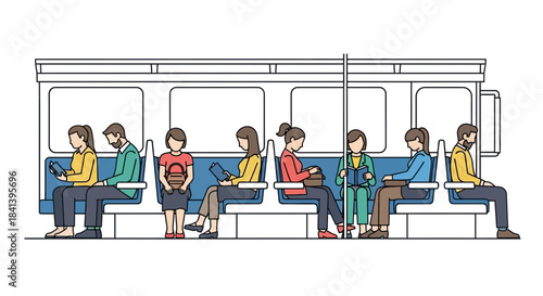 Diverse group of people commuting on a public transport train.