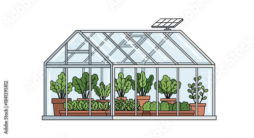 Modern Greenhouse with Solar Panel Growing Plants.