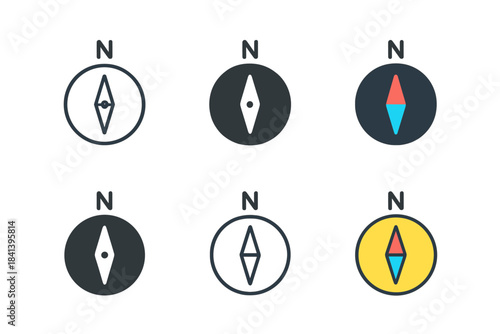 Compass Design Variations. Compass needle aligned perfectly with north arrow first in line style with thin outline, second in