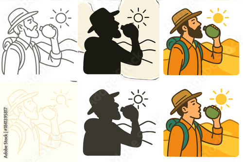Desert Hydration Art Styles. Traveler drinking from canteen in desert heat first in line style with thin outline, second in solid
