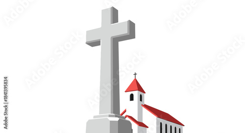 Large white cross and small church with red roof.