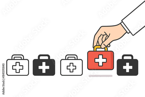 First Aid Kit Evolution. Doctor’s hand placing first aid kit with cross first in line style with thin outline, second in solid