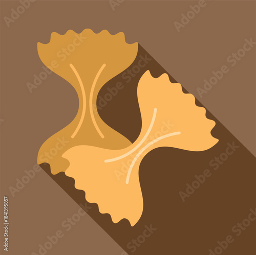 Two raw farfalle pasta shapes with long shadows on a brown background