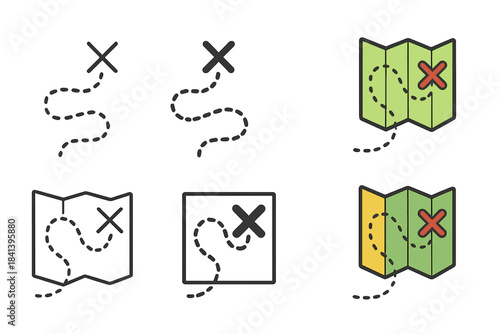Colorful Treasure Map. Map showing dotted line leading to X mark first in line style with thin outline, second in solid style