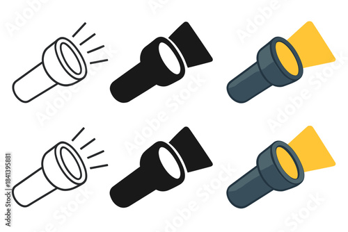 Stylized Flashlight Lens. Close-up of flashlight lens emitting focused ray first in line style with thin outline, second in solid