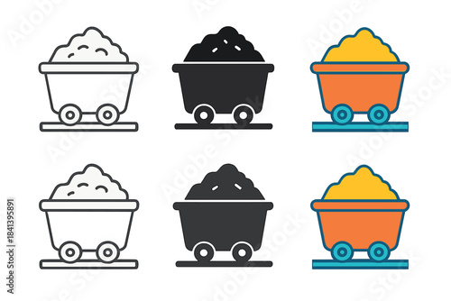 Colorful Minecart Styles. Minecart Rail Load first in line style with thin outline, second in solid style filled shape, third in