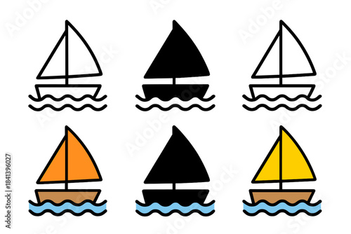Sailing Art Styles. Boat Sail Drift first in line style with thin outline, second in solid style filled shape, third in flat style