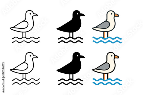 Seagull Art Styles. Seagull Sky Wave first in line style with thin outline, second in solid style filled shape, third in flat