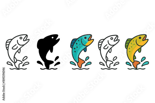 Stylized Fish Variations. Fish Leap Strike first in line style with thin outline, second in solid style filled shape, third in