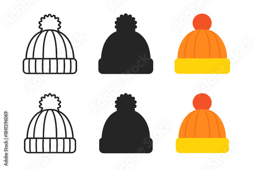 Stylish Knit Hats. Hat Knit Pom first in line style with thin outline, second in solid style filled shape, third in flat style