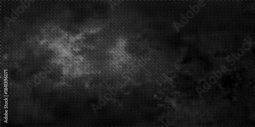 Grunge halftone gradient background. Faded grit noise texture. White and black sand wallpaper. Retro pixelated backdrop. Anime or manga style comic overlay. Vector graphic design textured template