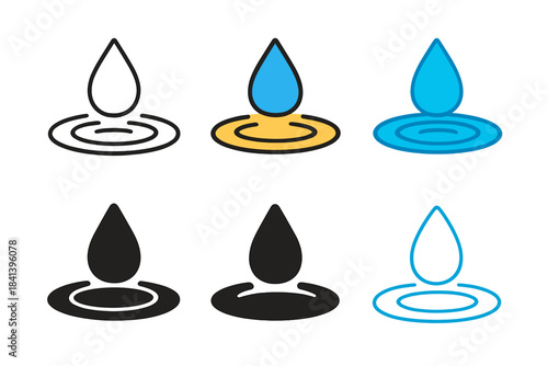 Ripple Style Variations. Rain Drop Ripple first in line style with thin outline, second in solid style filled shape, third in flat