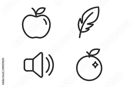 Fruity Feather Icons. Line style vector icons of fruit feather volume: rounded fruit form, simple leaf point, airy feather wing,
